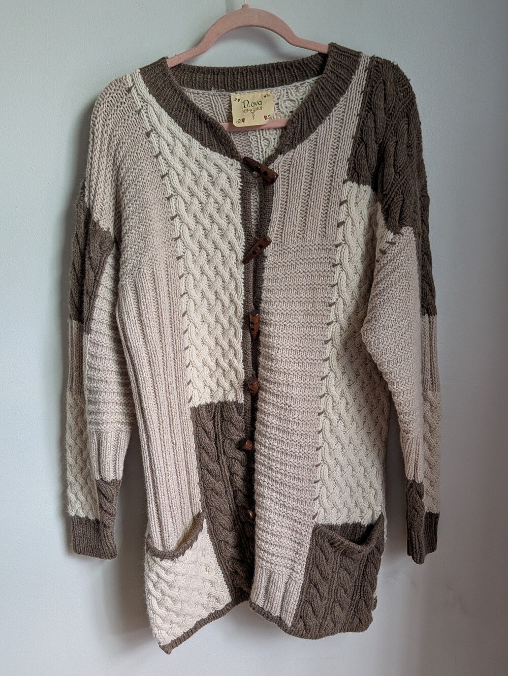HANDMADE Cozy Neutrals Cream & Brown Patchwork Cable Knit Sweater Cardigan Large